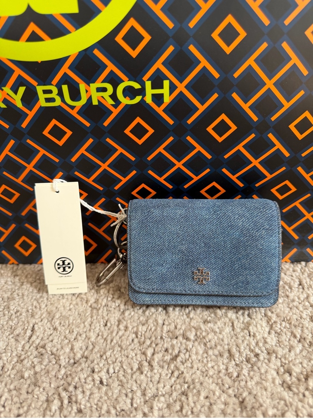 Tory Burch Emerson Denim Suede Flap Card Case Dark Denim